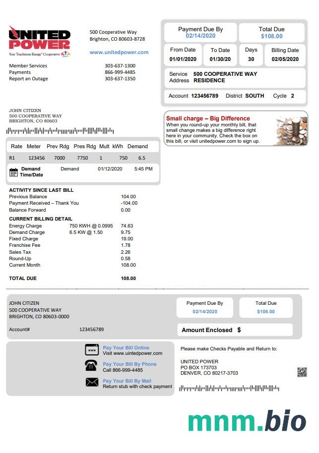 USA Colorado United Power rachunek za media szablon w formacie Word i PDF